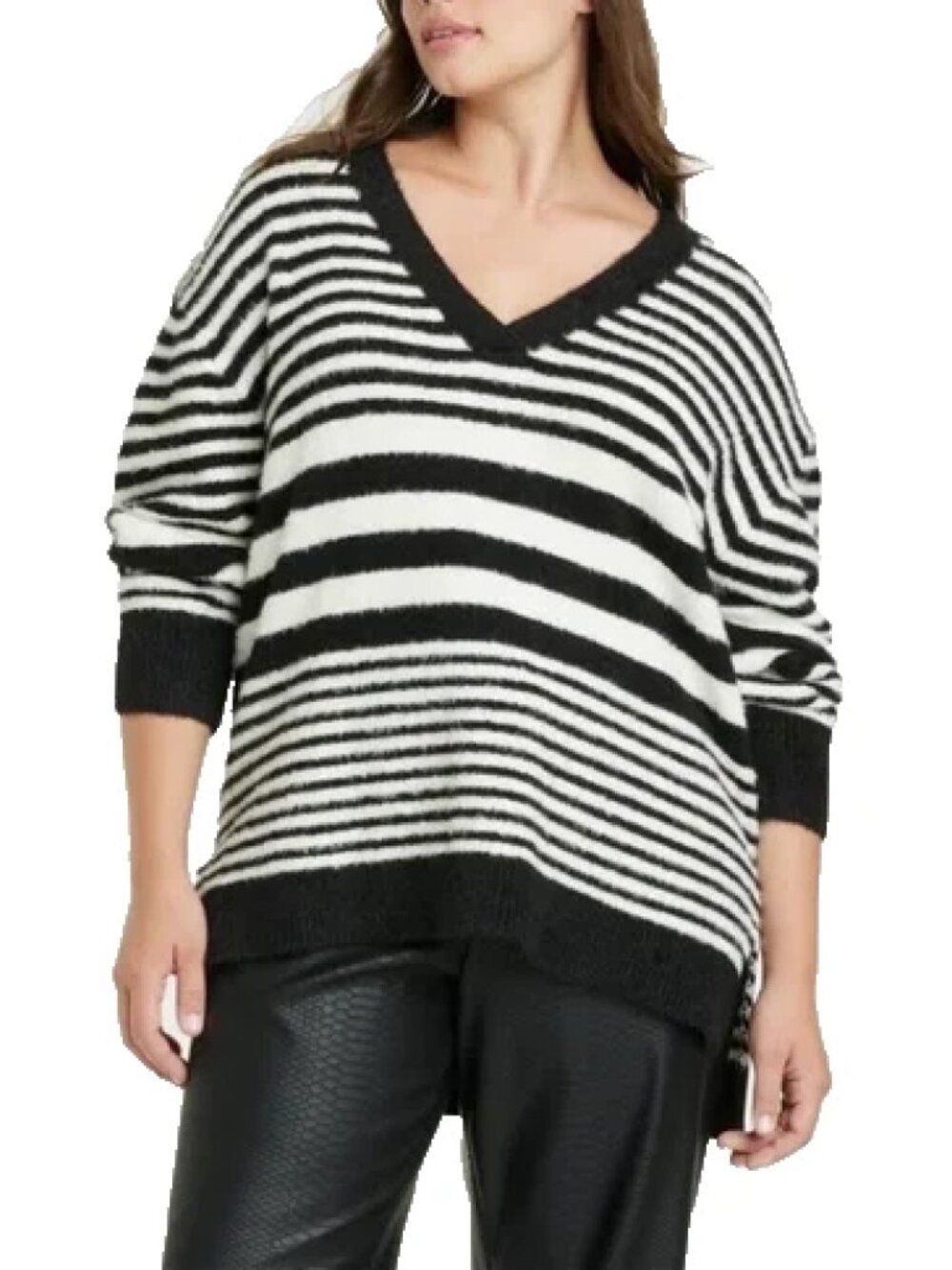 NWT Ava & Viv Fuzzy Soft Black and White Striped Sweater V Neck Womens 2X